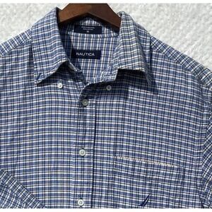 Vintage Nautica Shirt Mens M Blue Plaid Button Up Preppy Long Sleeve Check Thick